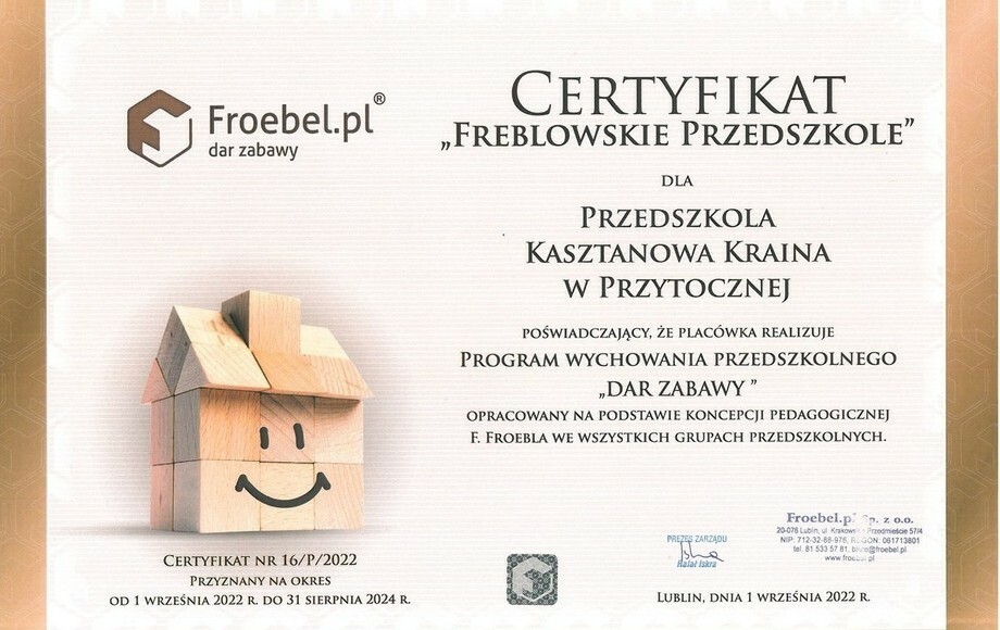 Zdjęcie do Certyfikat Freblowskie Przedszkole